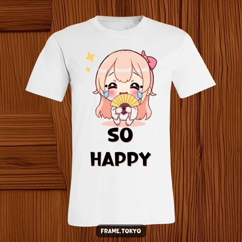 Funny t-shirt featuring a character with happy tears and a fan, celebrating hilariously and expressing overwhelming joy.