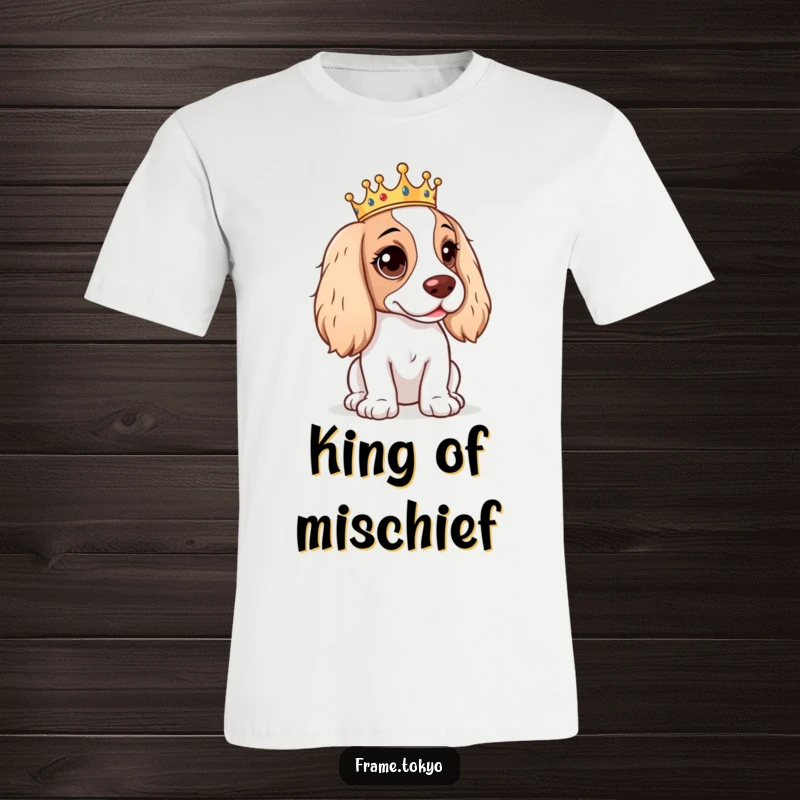 Funny Spaniel T-Shirt depicting a spaniel with a knowing mischievous look, wearing a small adorable crown.