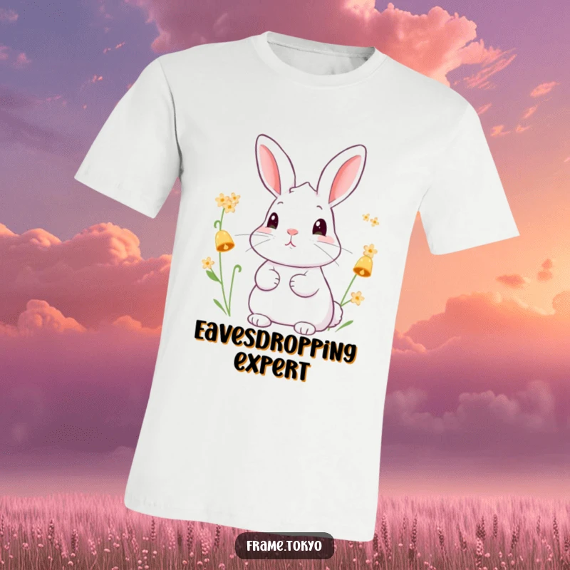 Funny t-shirt illustration of an attentive rabbit with perked ears, enchanted by the gentle chiming of tiny, bell-shaped flowers.