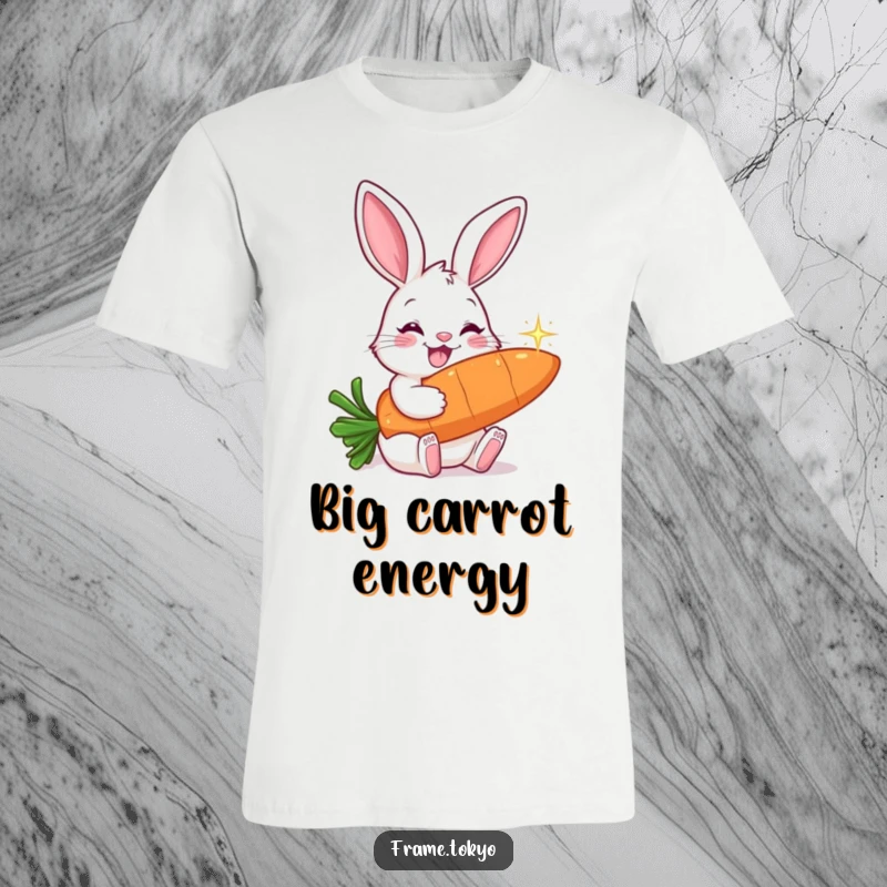 Funny t-shirt showcasing a smiling rabbit with long ears, enthusiastically nibbling on an oversized, sparkling carrot.