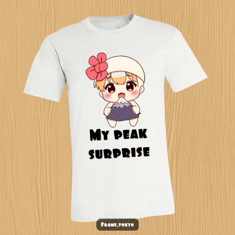 Funny t-shirt with a surprised character holding a miniature Mount Fuji, depicting a comical travel moment and a hilarious expression.
