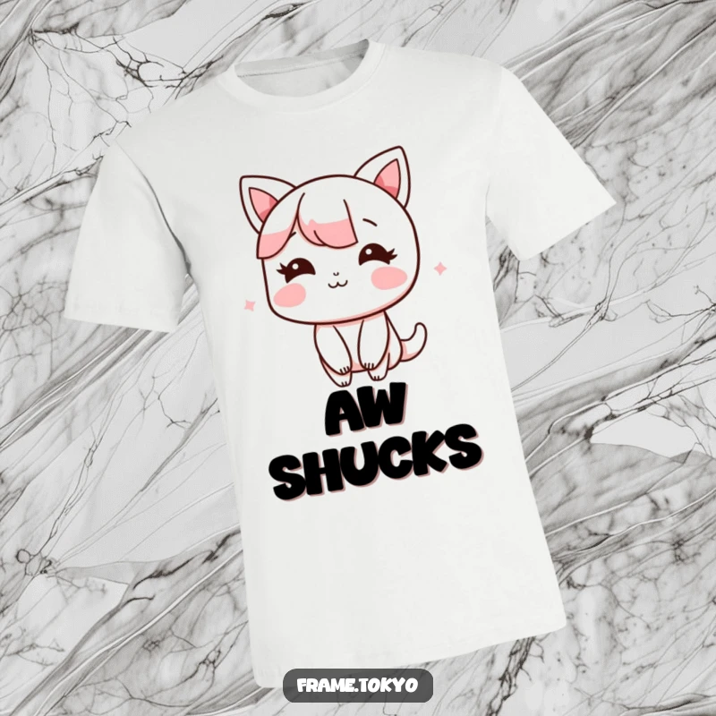 Funny T-Shirt featuring a character blushing with a shy, happy smile, exuding adorable and endearing charm.