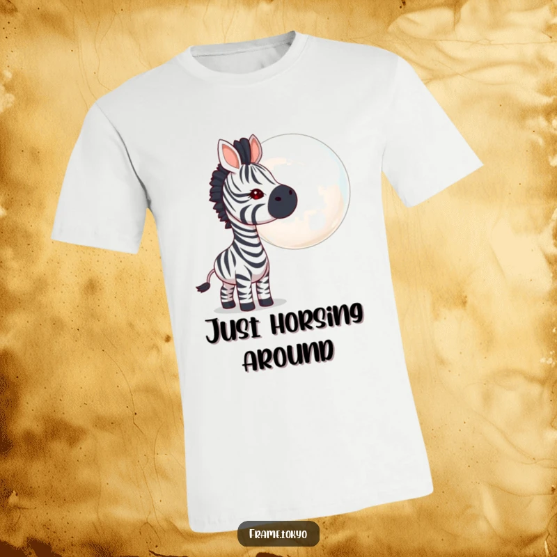 Funny zebra t-shirt, curious head tilt, sniffing a giant shimmering bubble, expressing playful wonder and amusement.