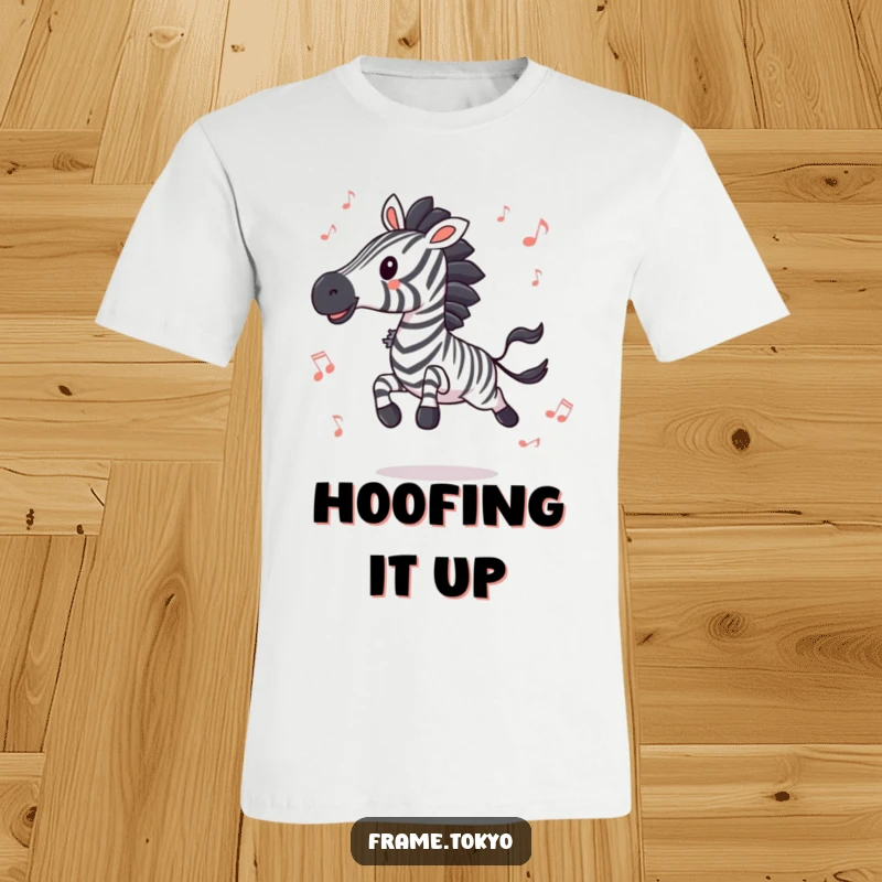 Funny zebra energetically leaping with abstract musical notes flying around, capturing the thrill of music and dance, a hilarious tee.