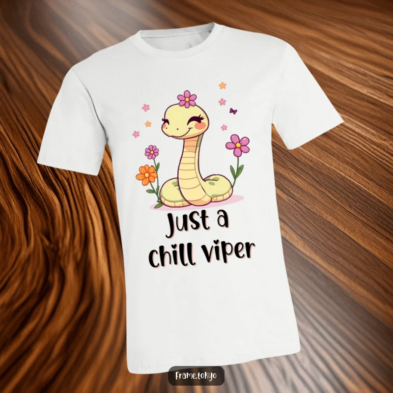 Funny t-shirt showcasing a charming snake winking as it expertly juggles a bouquet of small, colorful flowers.