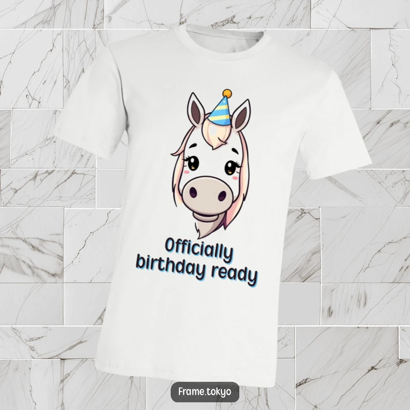 Funny dopey horse t-shirt with a tiny party hat, capturing a moment of pure, unadulterated silliness and joy for any wearer.