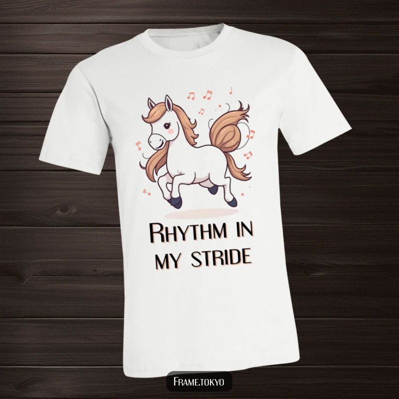 Funny musical horse t-shirt, depicting a horse in a happy gallop surrounded by flowing musical notes, representing freedom and melody.