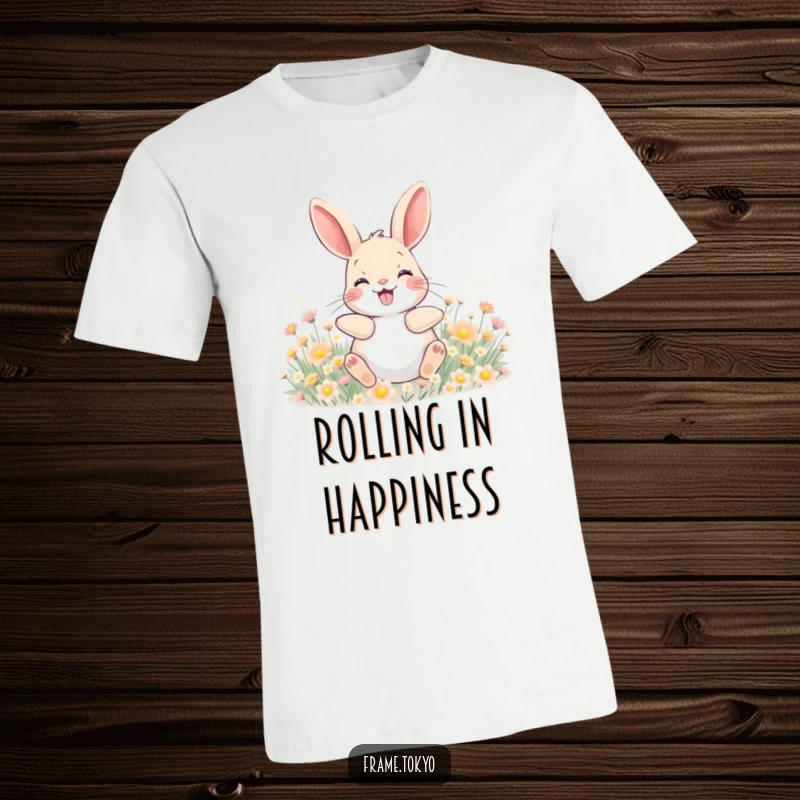 Funny t-shirt depicting a happy rabbit with a wide grin, gleefully rolling in a field of small, luminous flowers.