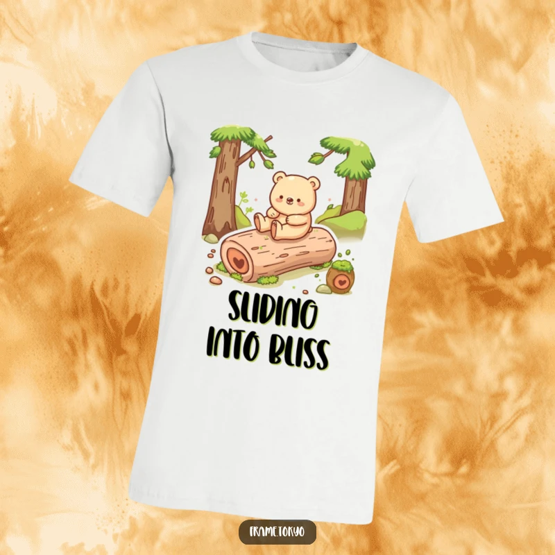 Funny bear t-shirt depicting a happy bear with a playful shuffle, sliding gleefully down a smooth, mossy log with pure joy.
