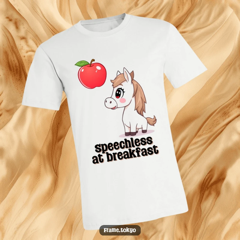 Funny horse t-shirt depicting a shocked horse with its jaw dropped, gazing at an impossibly large, levitating apple.