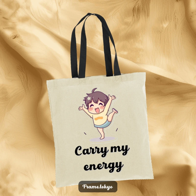 Funny Tote Bag featuring a character doing a cartwheel with energetic enthusiasm, perfect for carrying essentials with a fun spirit.