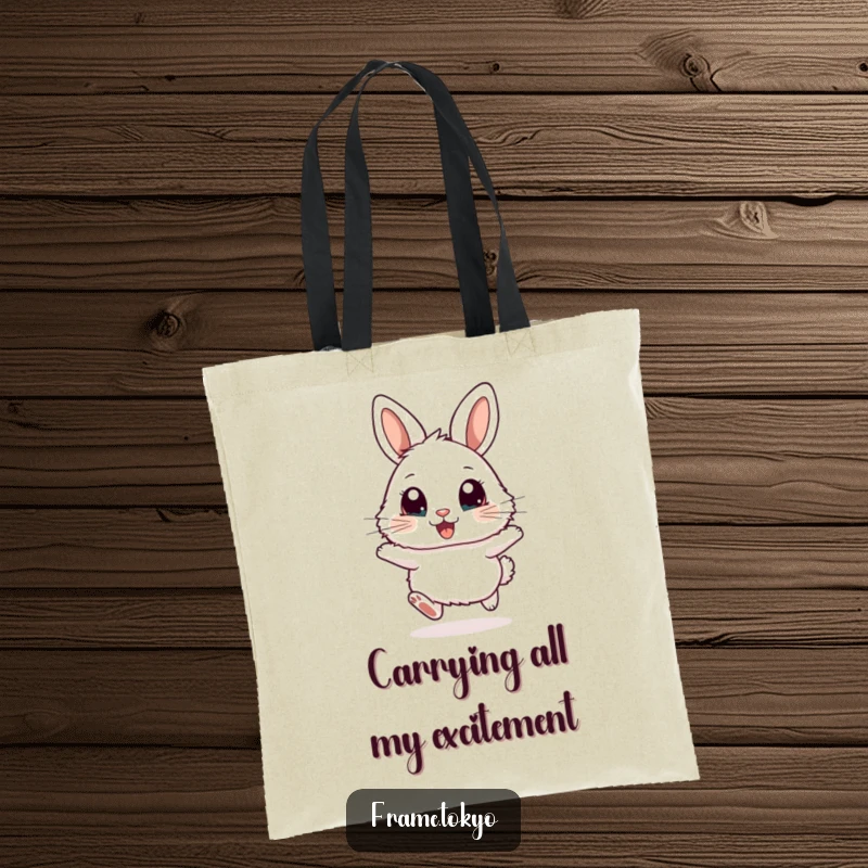 Funny tote bag showcasing a fluffy rabbit with wide, excited eyes, joyfully hopping with enthusiasm.