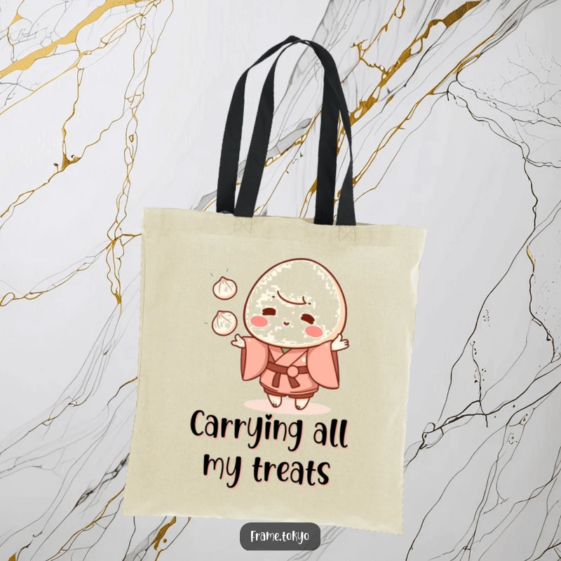 Funny mochi character wearing a kimono, juggling three small dumplings, on a durable and stylish tote bag.
