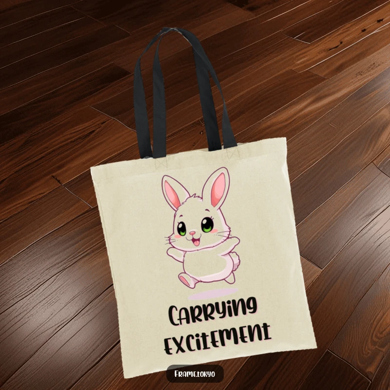 Funny Fluffy Rabbit Tote Bag with big, excited eyes, joyfully hopping, for carrying happy humor.