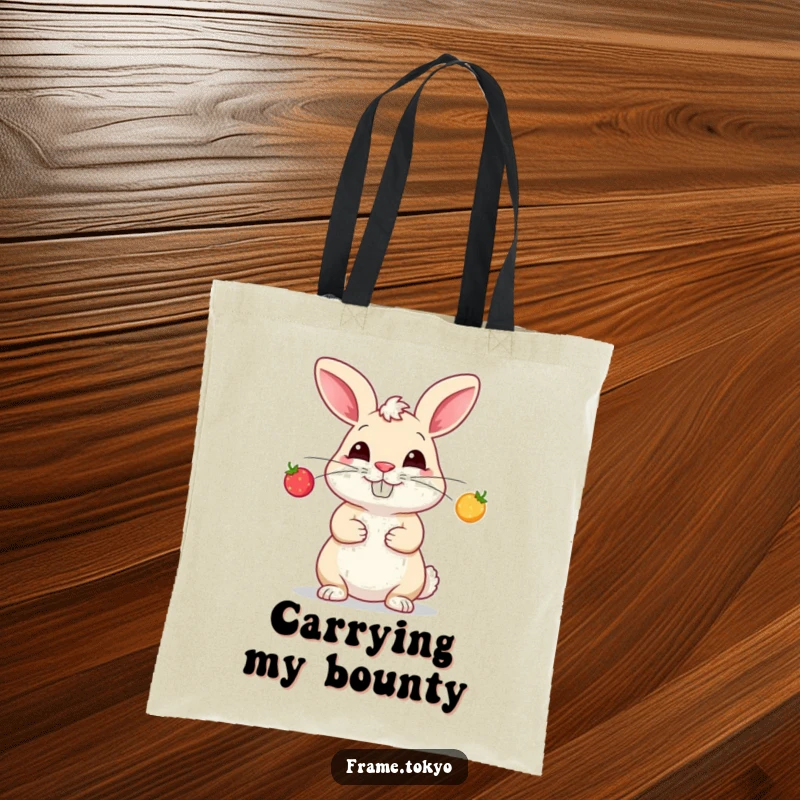Funny tote bag art of a rabbit with a huge grin, juggling three tiny, brightly glowing berries with impressive dexterity.