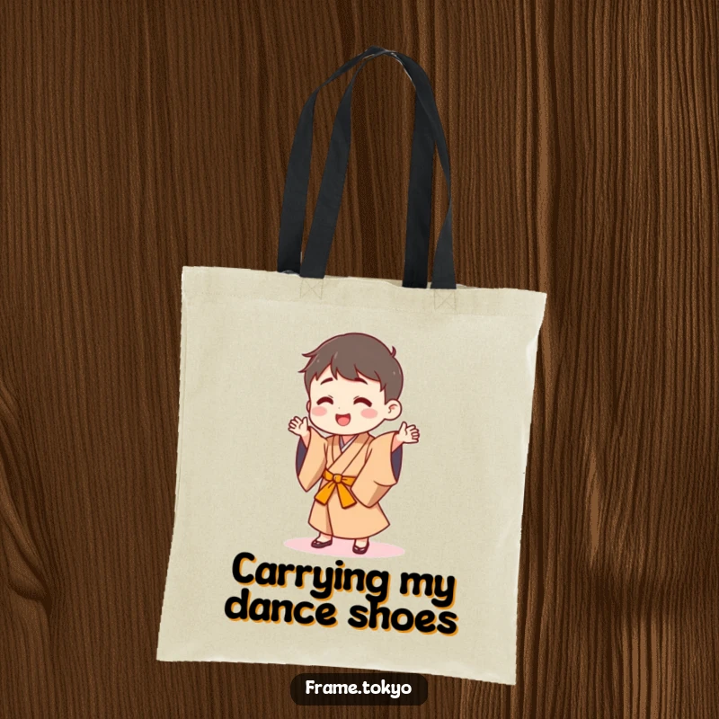 Funny tote bag with a happy character in a Japanese robe doing a silly dance, perfect for shopping.