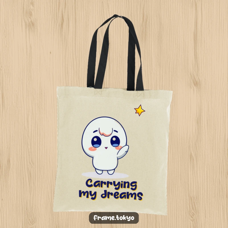 Funny star gazer tote bag showing a character with wide eyes pointing at a bright falling star, full of hope.