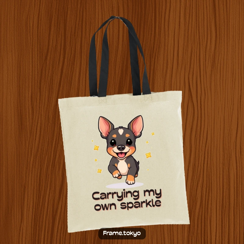 Funny pinscher dog tote bag, mid-leap, scattering a magical trail of little, shiny stars. Perfect for carrying joy.