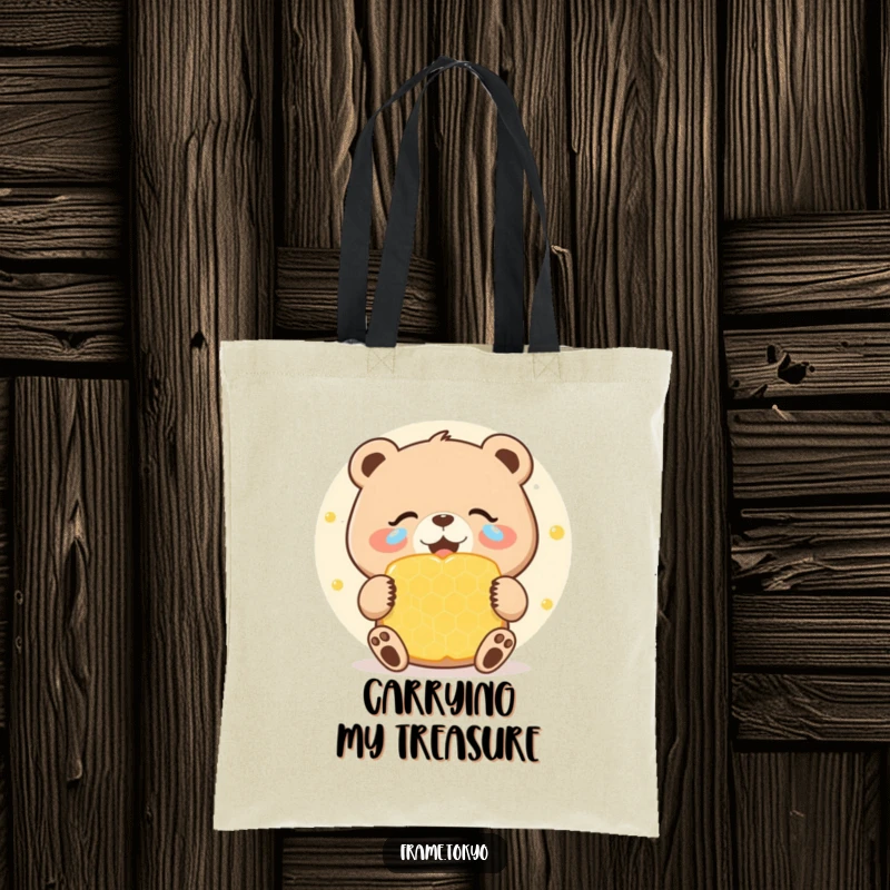 Funny tote bag depicting a bear with joyous tears celebrating a giant, sweet honeycomb, a humorous and practical accessory for sweet lovers.