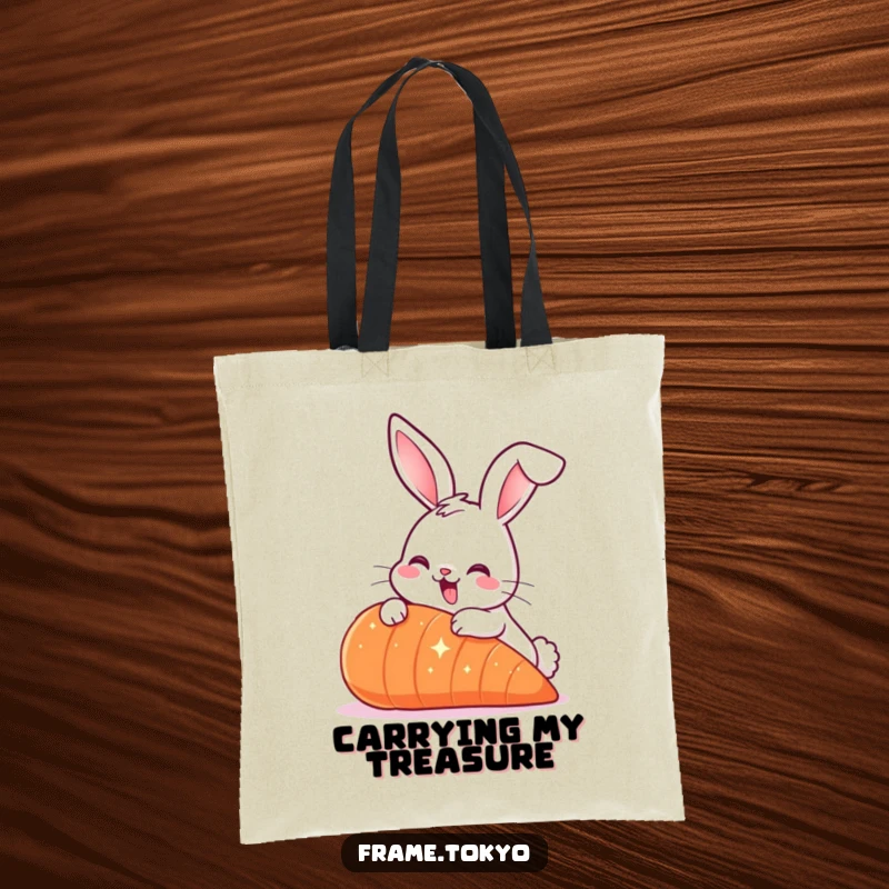 Funny Smiling Rabbit Tote Bag with long ears, nibbling a giant sparkling carrot, for carrying humorous delight.