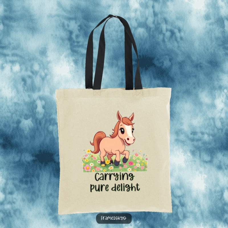 Funny excited horse flower field tote bag, showcasing a spirited equine amidst blossoms, perfect for carrying essentials with a flourish of joy.