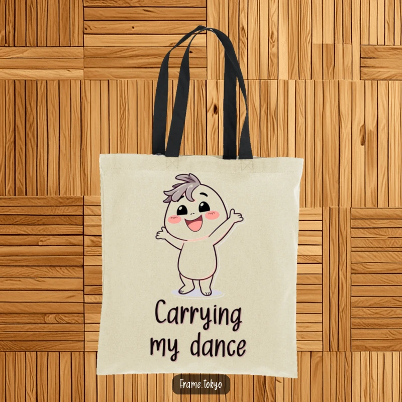 Funny tote bag illustrating a character with a huge smile, striking a comically silly dance pose.