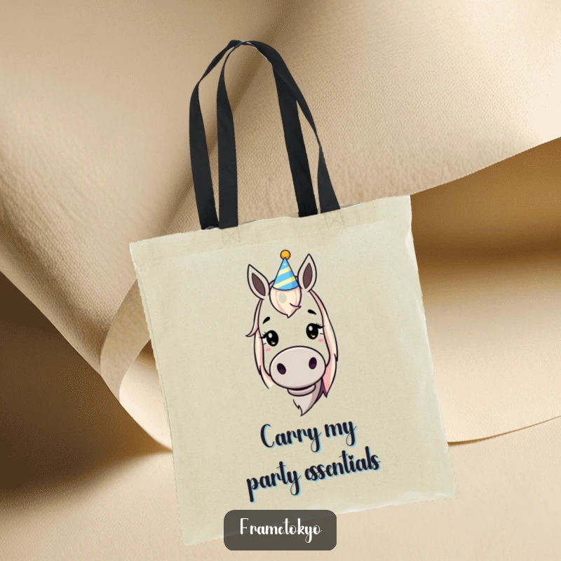 Funny dopey horse party hat tote bag, showcasing a charmingly silly equine ready for any celebration, making errands more amusing.