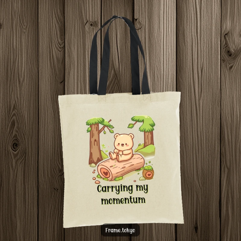 Funny bear tote bag illustrating a happy bear with a shuffling gait, sliding joyfully down a mossy log, perfect for carrying joy.