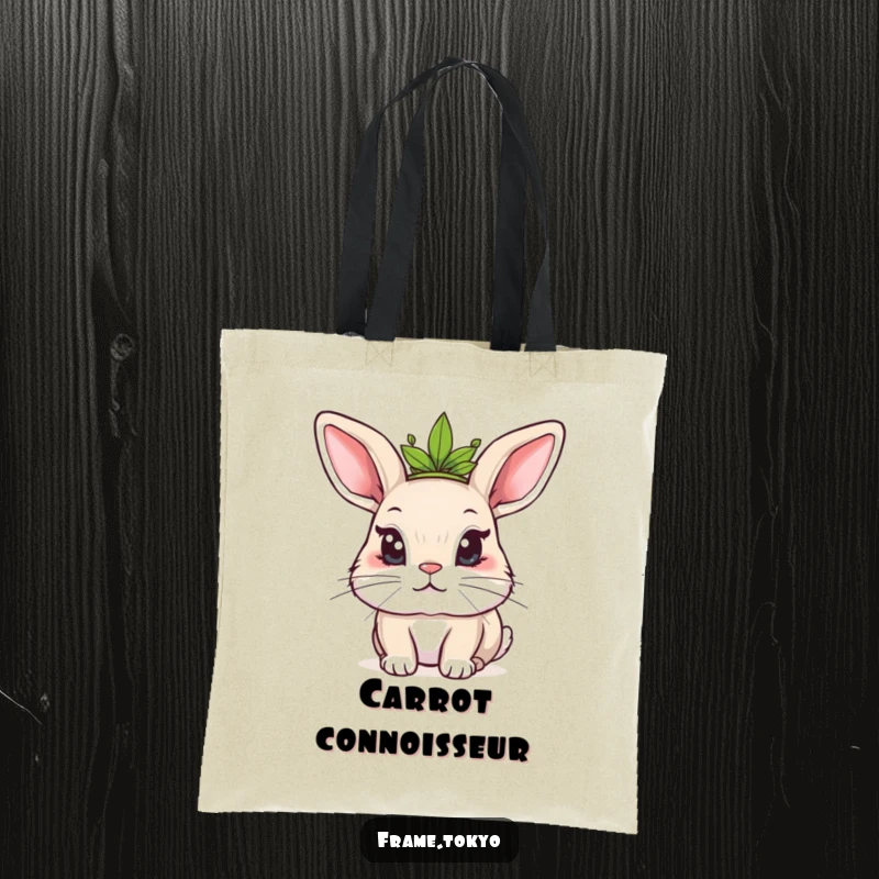 Funny Kawaii rabbit tote bag showing a mischievous rabbit wearing a small leafy crown, a stylish and whimsical accessory.