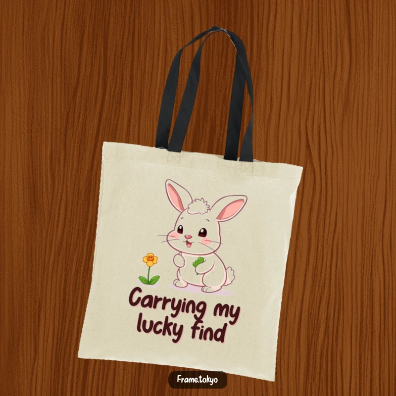 Funny tote bag showcasing a rabbit with a twitching nose, playfully chasing a vibrant, bouncing clover.