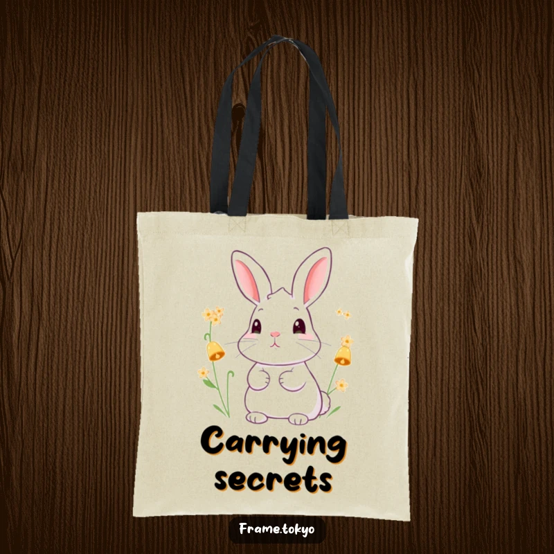 Funny tote bag design showing a rabbit with perked ears, captivated by the subtle chime of miniature, bell-shaped flowers.