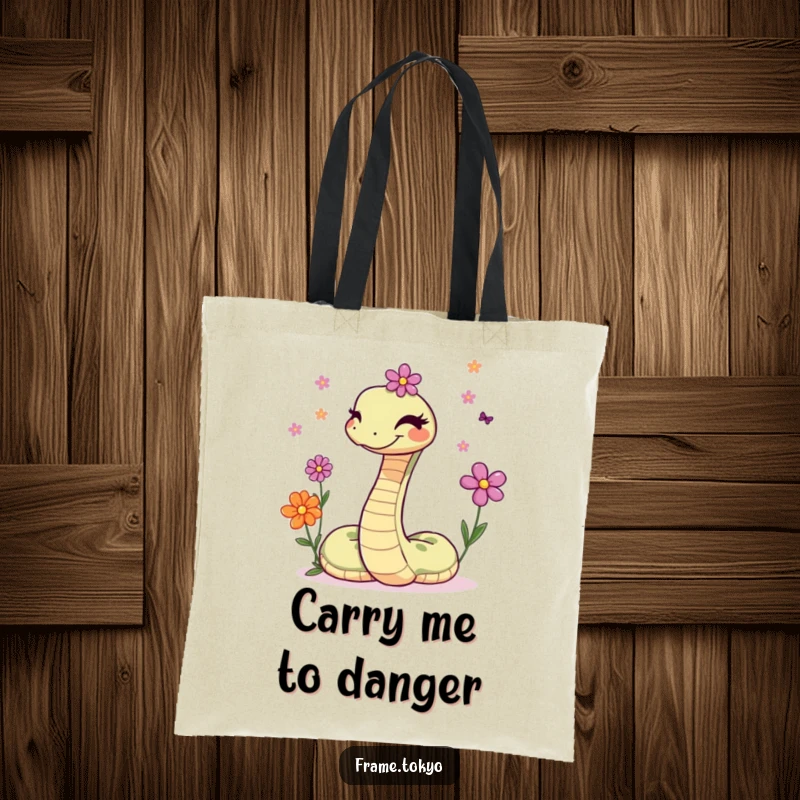 Funny tote bag depicting a sly snake winking and juggling a lively bunch of small, colorful flowers.