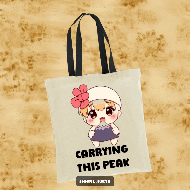 Funny tote bag featuring a surprised character holding a miniature Mount Fuji, highlighting a funny travel theme and a comical expression.