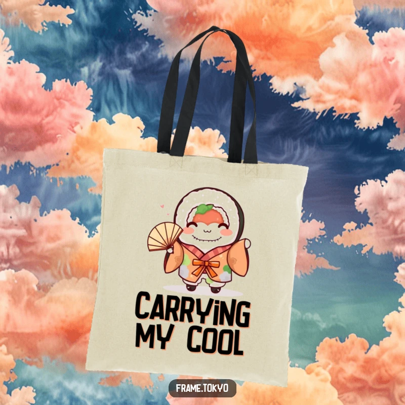 Funny sushi roll in a beautiful kimono, holding a fan and looking excited, featured on a tote bag.