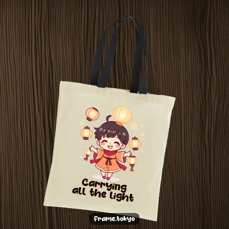 Funny tiny juggler tote bag showing a joyful character juggling bright glowing lanterns, adding a touch of magic.