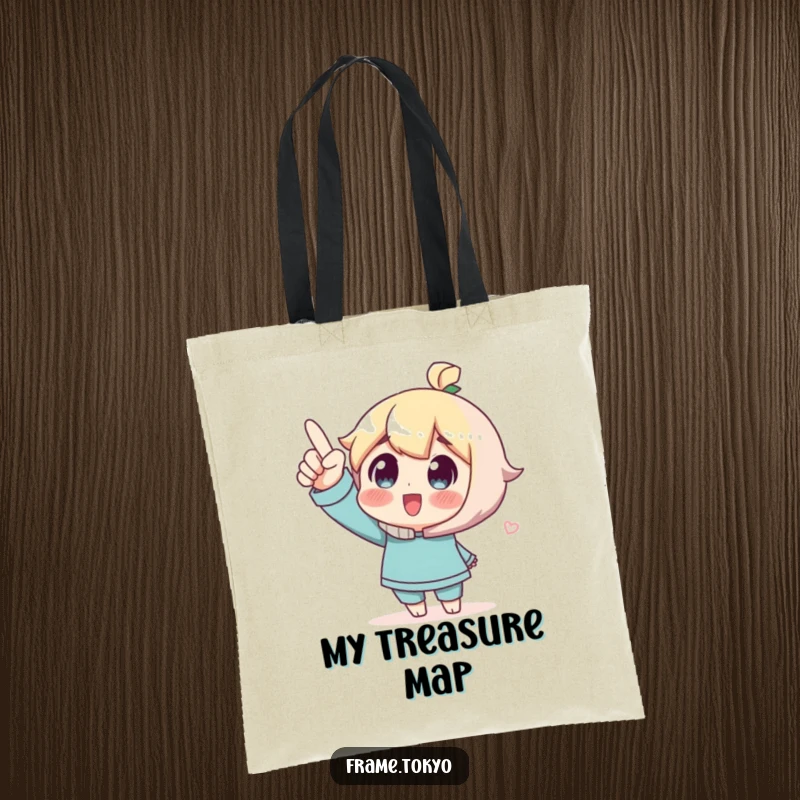 Funny Tote Bag featuring a character pointing upwards with wide-eyed wonder, ideal for carrying inspiration and daily essentials.