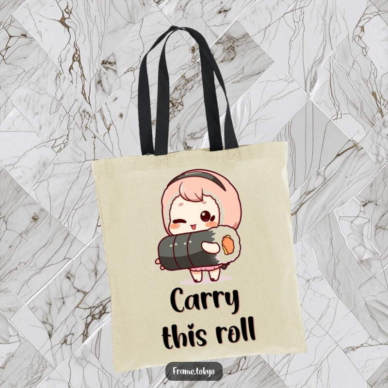 Funny tote bag featuring a character winking and holding a long sushi roll, ideal for humorous shopping and foodie adventures.