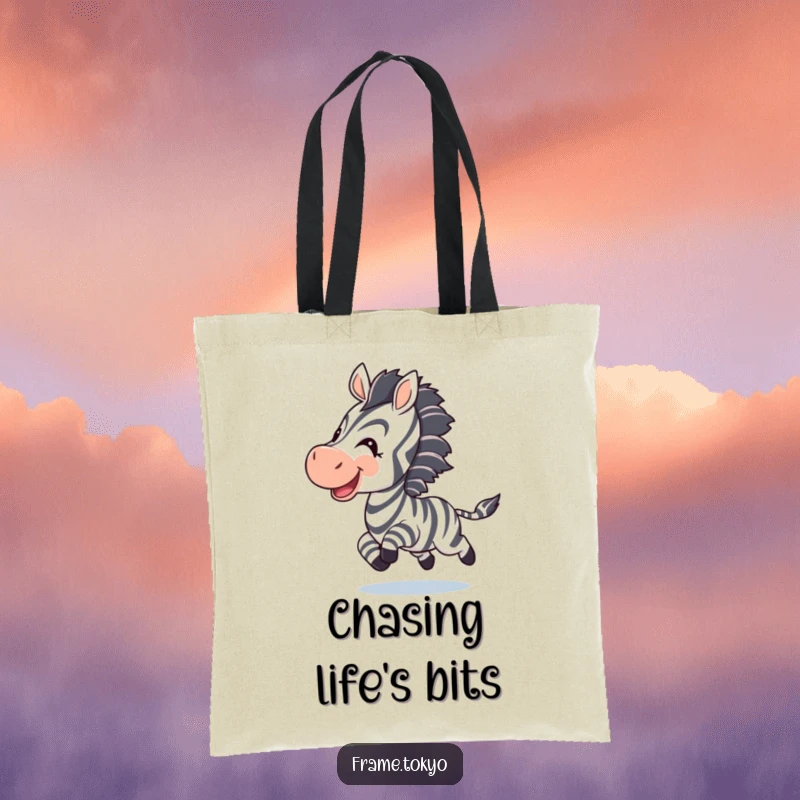 Funny zebra tote bag; a joyful zebra playfully chases its tail, ready for errands and adventures.