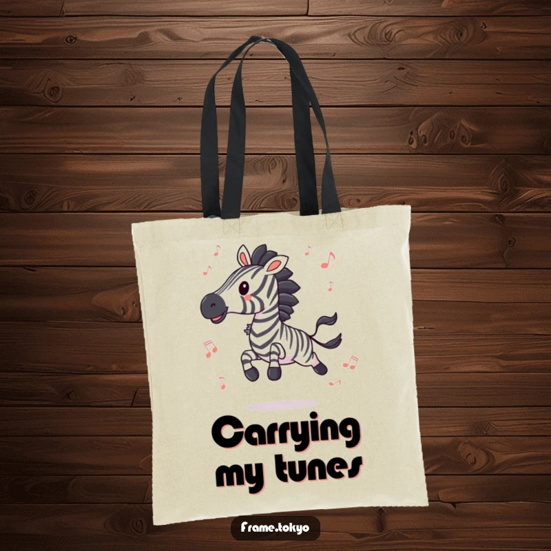 Funny zebra leaping joyfully amid scattered musical notes, a vibrant and hilarious tote bag for music lovers on the go.