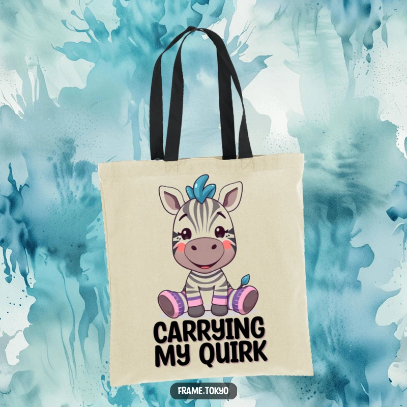 Funny zebra showing off oversized, mismatched socks with a huge silly grin, packed with personality for a tote bag.