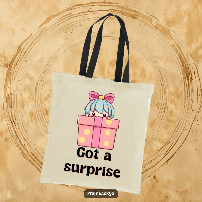 Funny Tote Bag with a character peeking from behind a giant gift box, perfect for carrying essentials with a touch of mystery.