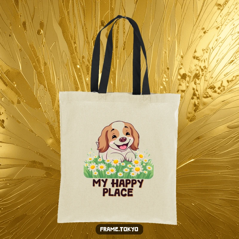 Funny Spaniel Tote Bag illustrating a spaniel with an ecstatic smile rolling through a vibrant field of daisy flowers.