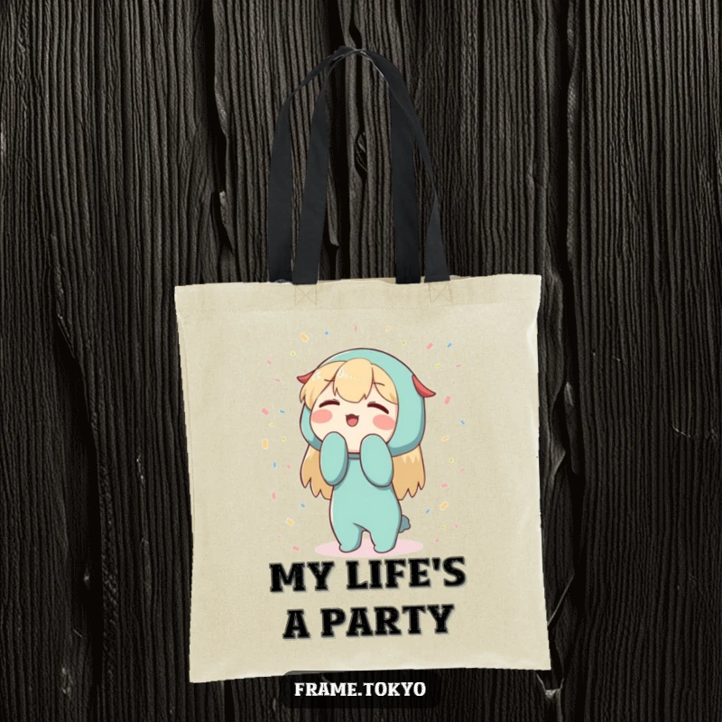 Funny Character Tote Bag: Enthusiastic bowing character surrounded by confetti, a humorous and festive accessory.