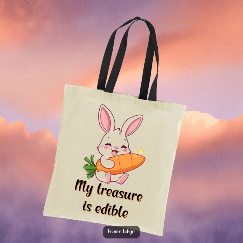 Funny tote bag depicting a smiling rabbit with long ears, happily munching on a giant, glittering carrot.